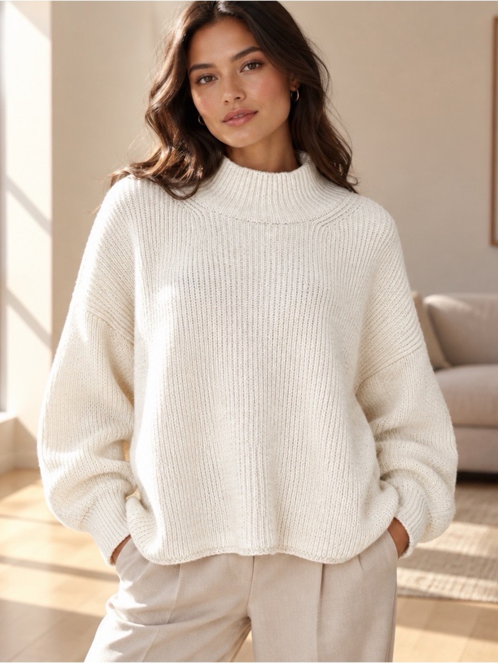 Maeve Anthropologie Ivory Mock Neck Ribbed Balloon Sleeve Sweater M